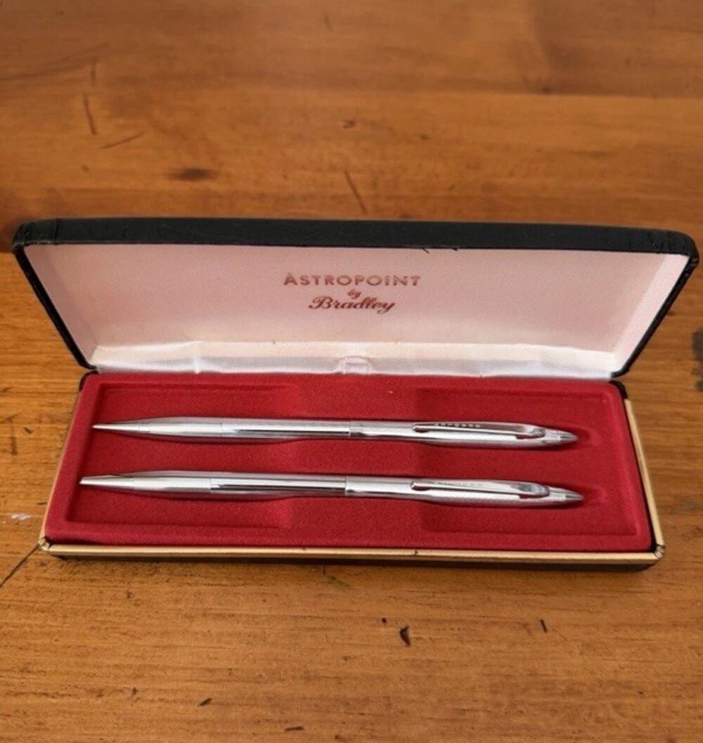 Vintage Bradley Astropoint Pen Mechanical Pencil Set Silver Tone Original Box